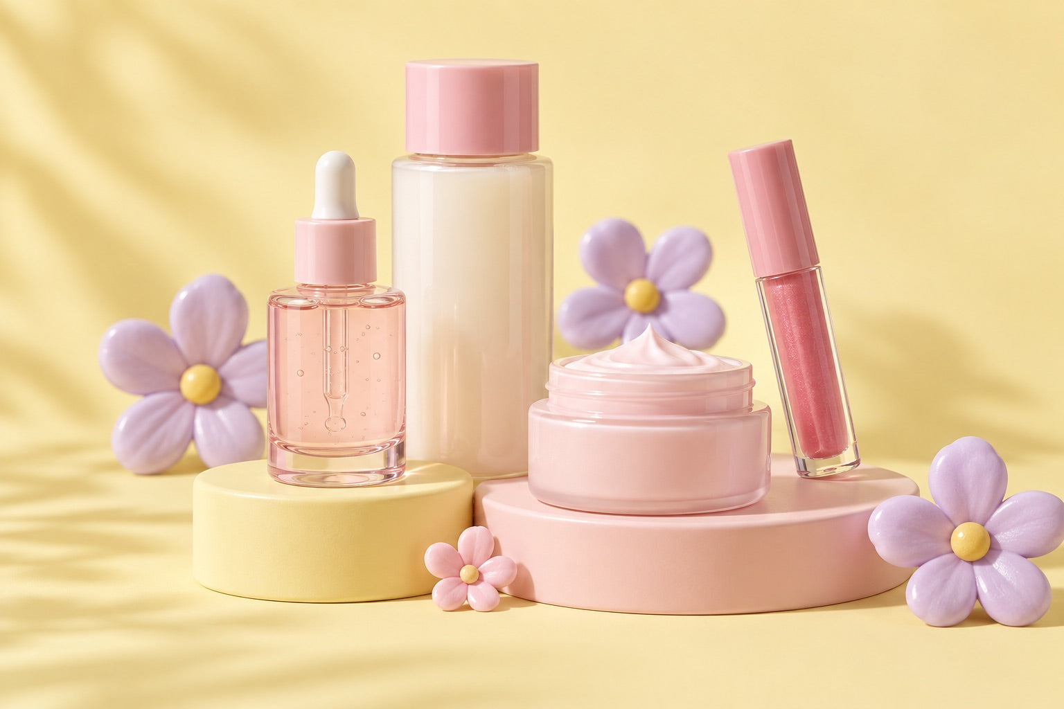 Illustrative pastel skincare bottles and flowers on yellow and pink podiums