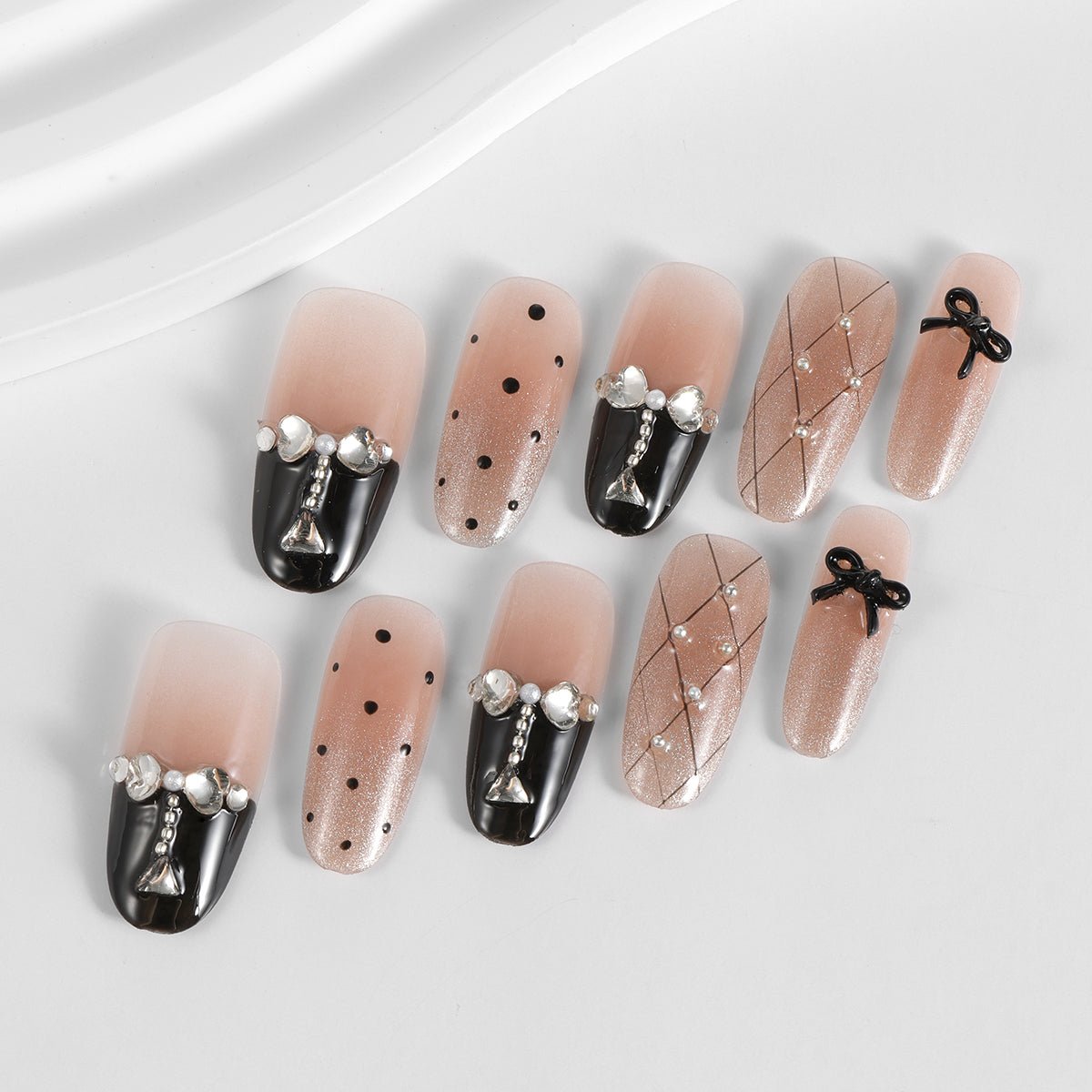 Kiokii Handmade Press-On Nails-Black-Pink Splicing
