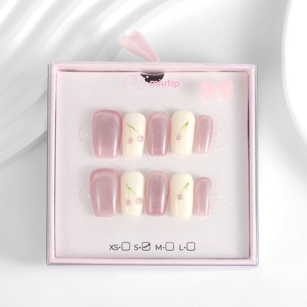 Kiokii Handmade Press-On Nails-Cute Pink Cherry