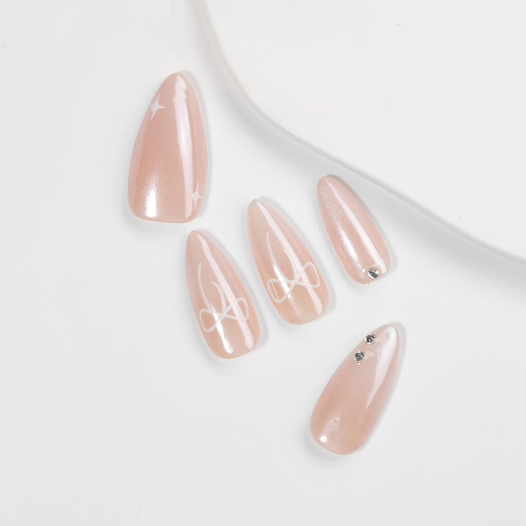Kiokii Handmade Press-On Nails-Elegant Blush Nails with Star & Bow Accents