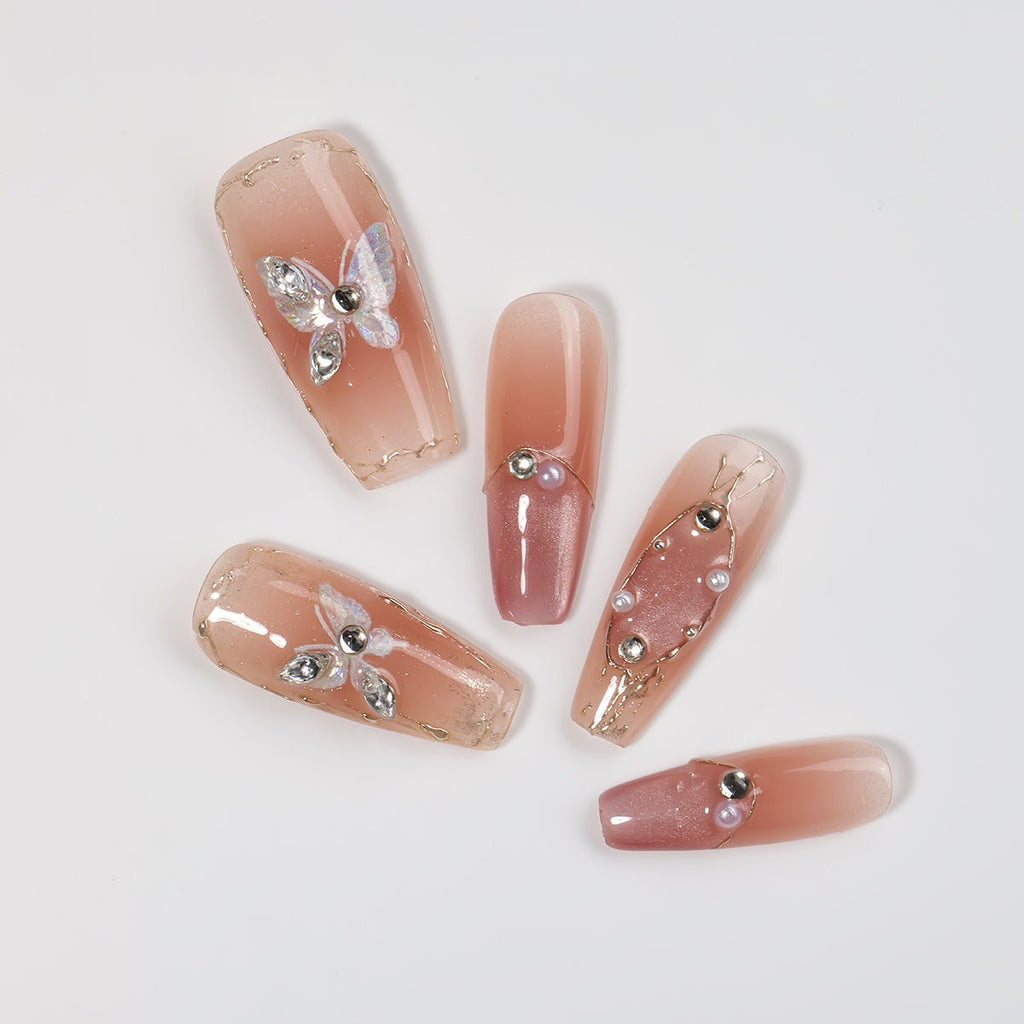 Kiokii Handmade Press-On Nails-Elegant Butterfly Pearl Nail Set