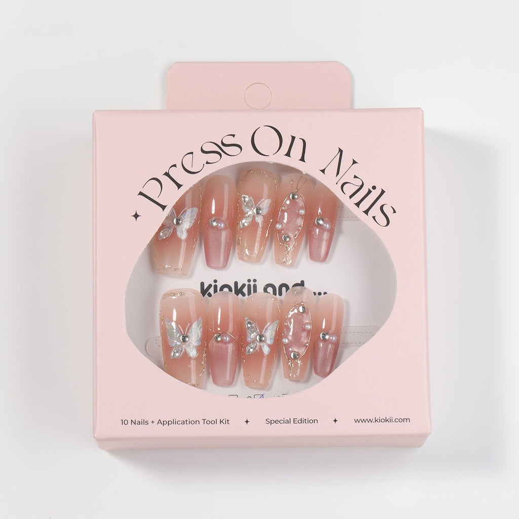 Kiokii Handmade Press-On Nails-Elegant Butterfly Pearl Nail Set