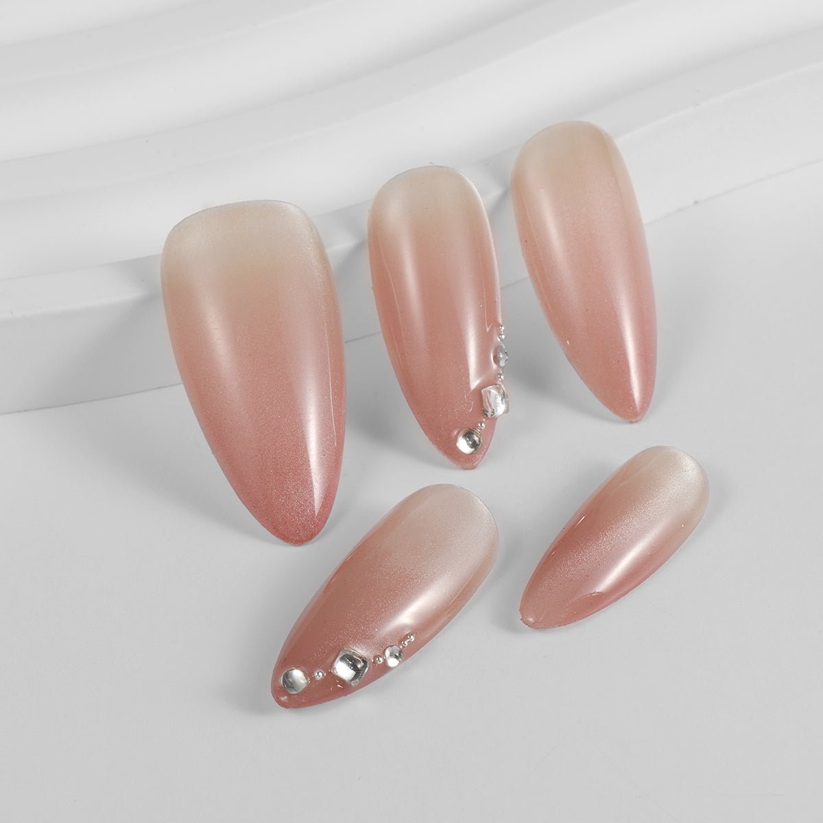 Kiokii Handmade Press-On Nails-Nude Pink With Rhinestones