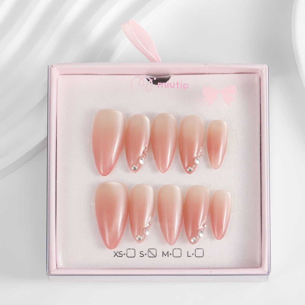 Kiokii Handmade Press-On Nails-Nude Pink With Rhinestones