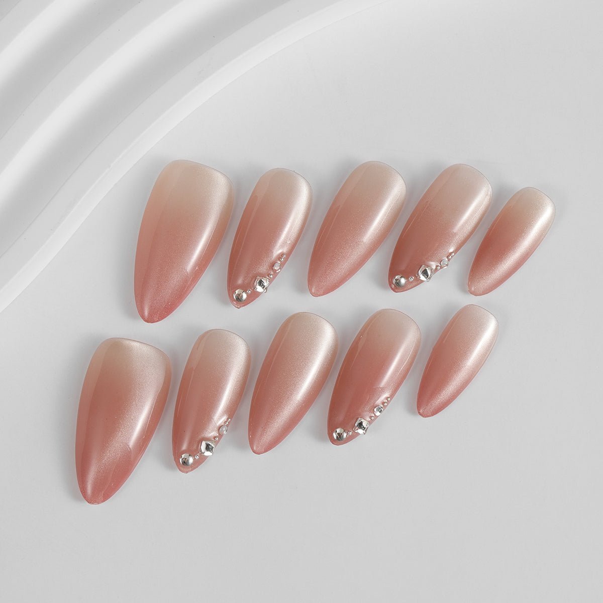 Kiokii Handmade Press-On Nails-Nude Pink With Rhinestones